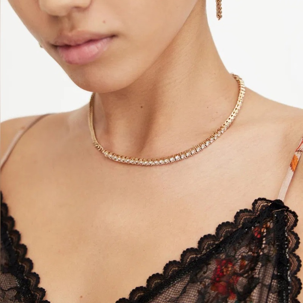 AllSaints Della Crystal Curb Gold Necklace Comes with Dustbag